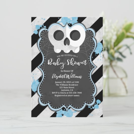 Cute Gothic Punk Skull Blue Baby shower Invitation Kaart (Staand voorkant)