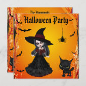 Cute Gothic Witch & Cat Halloween Party Kaart (Voorkant / Achterkant)