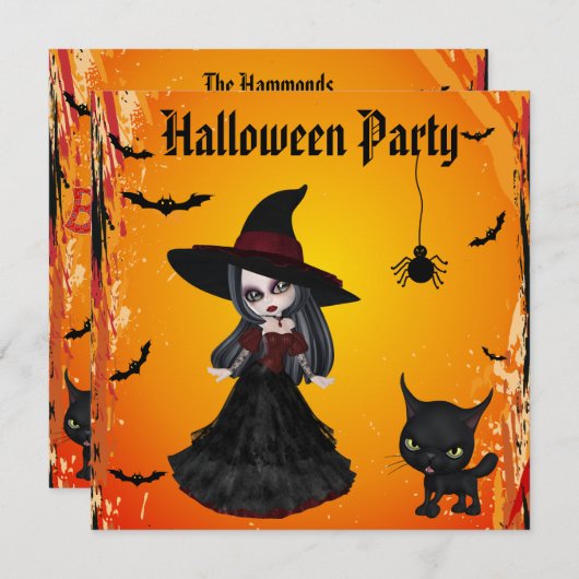 Cute Gothic Witch & Cat Halloween Party Kaart (Voorkant / Achterkant)