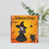 Cute Gothic Witch & Cat Halloween Party Kaart (Staand voorkant)