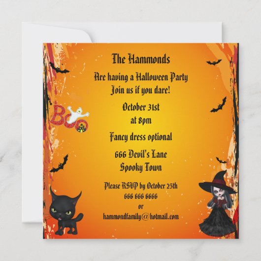 Cute Gothic Witch & Cat Halloween Party Kaart (Achterkant)