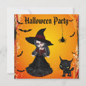 Cute Gothic Witch & Cat Halloween Party Kaart (Voorkant)