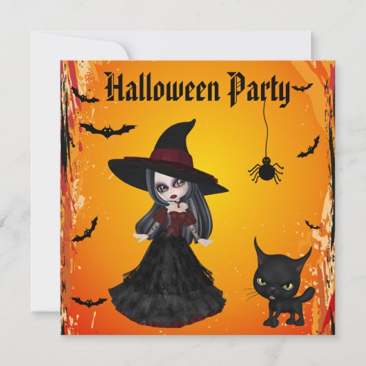 Cute Gothic Witch & Cat Halloween Party Kaart (Voorkant)
