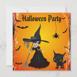 Cute Gothic Witch & Cat Halloween Party Kaart