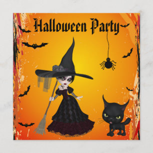 Cute Gothic Witch & Cat Halloween Party Kaart
