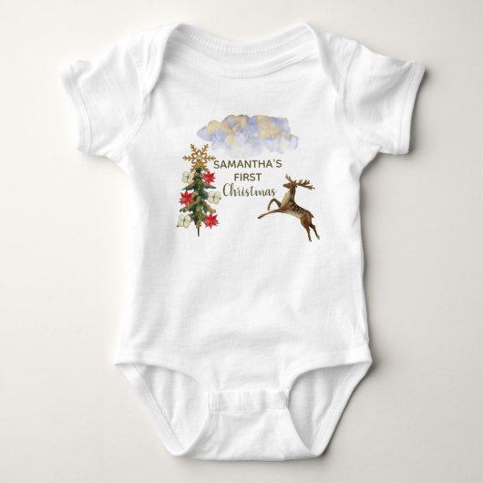 Cute Gouden Glitterende Bomen Hert Baby Eerste Ker Romper (Voorkant)