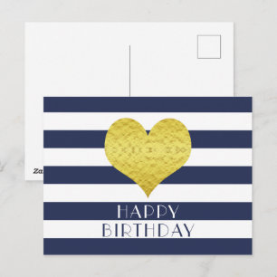 Cute Gouden Hart Blauw En Wit Gelukkig Verjaardag  Briefkaart