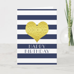 Cute Gouden Hart Blauw Wit Strepen Gelukkig Verjaa Kaart