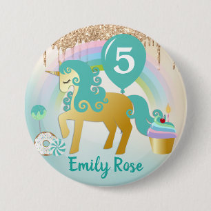 Cute Gouden & Teal Eenhoorn Traktaties Verjaardag Ronde Button 7,6 Cm