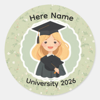 Cute Graduation Girl ,Class of 2026 Custom Name  Ronde Sticker