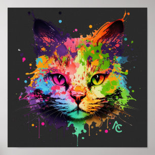 Cute Graffiti Neon Ink Splash Cat Poster