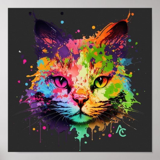 Cute Graffiti Neon Ink Splash Cat Poster (Voorkant)