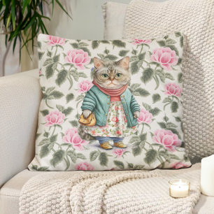 Cute Grandma Cat Pink Floral Schort Sweater Kussen