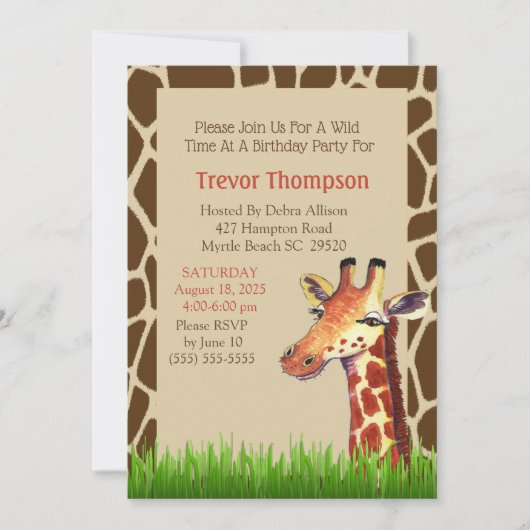 Cute Graphic Giraffe Birthday Party Invitation Kaart (Voorkant)