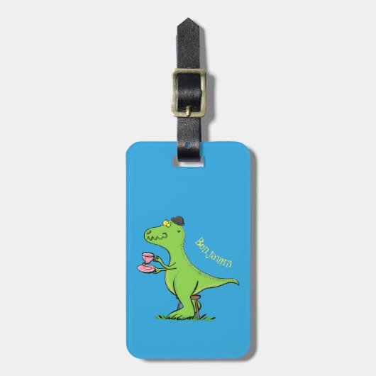 Cute grappengroene t rex dinosaur cartoon bagagelabel (Voorkant verticaal)