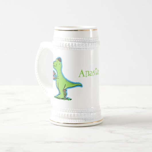 Cute grappengroene t rex dinosaur cartoon bierpul (Voorkant links)