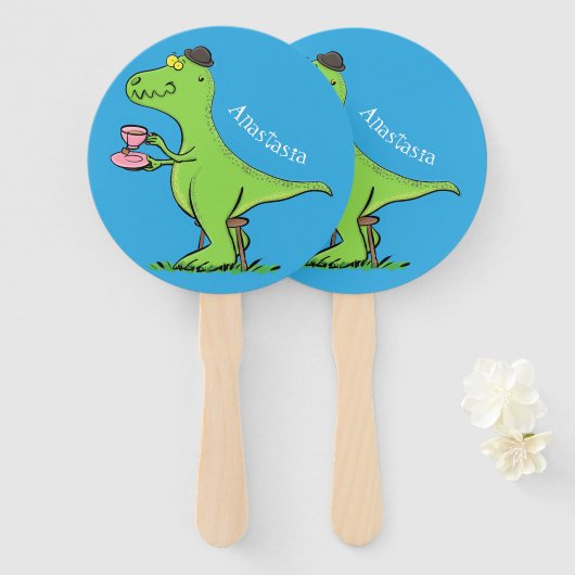 Cute grappengroene t rex dinosaur cartoon handwaaier (Voorkant en achterkant)