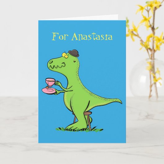 Cute grappengroene t rex dinosaur cartoon kaart (Gele Bloem)