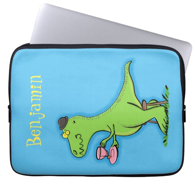 Cute grappengroene t rex dinosaur cartoon laptop sleeve (Voorkant)