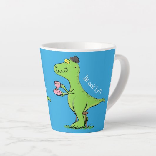 Cute grappengroene t rex dinosaur cartoon latte mok (Rechterhoek)