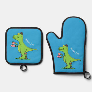 Cute grappengroene t rex dinosaur cartoon ovenwant & pannenlap set