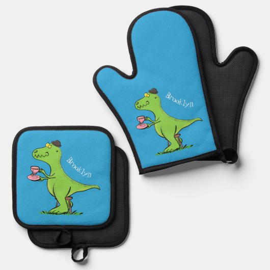 Cute grappengroene t rex dinosaur cartoon ovenwant & pannenlap set (Voorkant / Achterkant)
