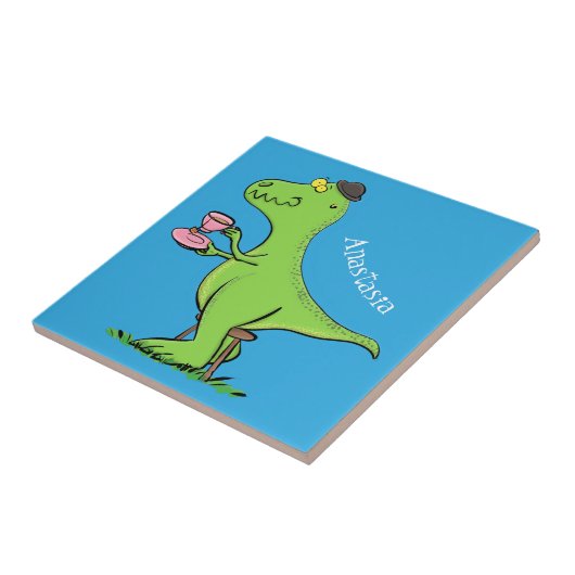 Cute grappengroene t rex dinosaur cartoon tegeltje (Zijkant)