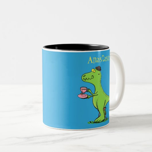 Cute grappengroene t rex dinosaur cartoon tweekleurige koffiemok (Voorkant rechts)