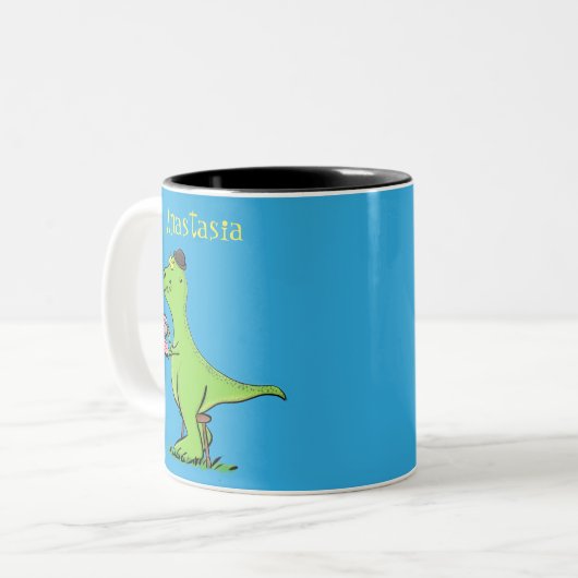 Cute grappengroene t rex dinosaur cartoon tweekleurige koffiemok (Voorkant links)
