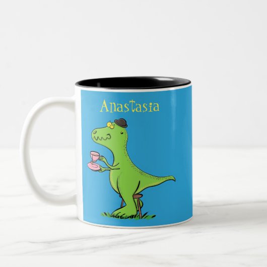 Cute grappengroene t rex dinosaur cartoon tweekleurige koffiemok (Links)