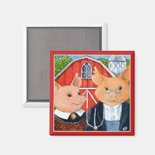 Cute grappic American Gothic pig boerderij magnet (Voorkant / Achterkant)