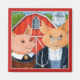 Cute grappic American Gothic pig boerderij magnet