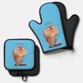 Cute Grappig big cheeks cartoon Ovenwant & Pannenlap Set (Voorkant / Achterkant)