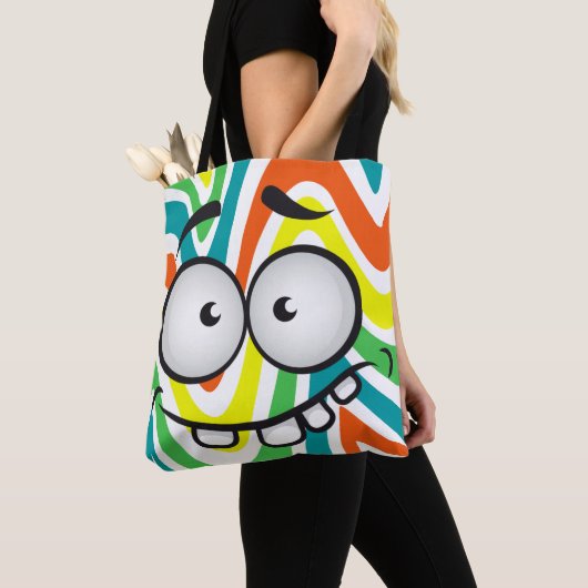 Cute grappig gezicht glimlachend kleurrijke patroo tote bag (Dichtbij)