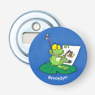 Cute Grappig green frog cartoon Illustration Button Flesopener