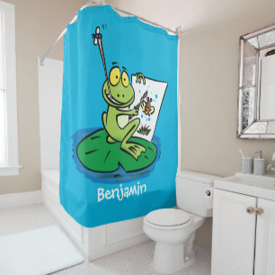 Cute Grappig green frog cartoon Illustration Douchegordijn