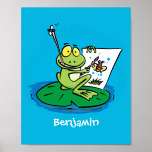 Cute Grappig green frog cartoon Illustration Poster