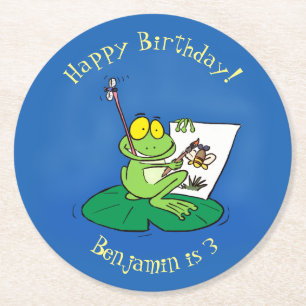 Cute Grappig green frog cartoon Illustration Ronde Kartonnen Onderzetter