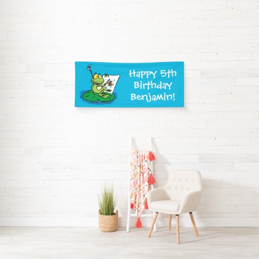 Cute Grappig green frog cartoon Illustration Spandoek (Insitu)