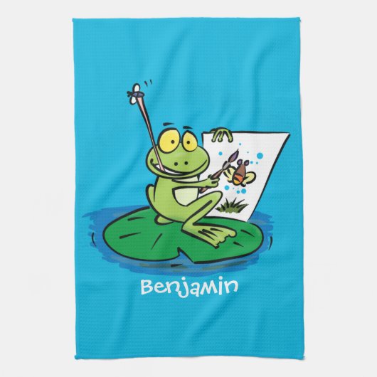 Cute Grappig green frog cartoon Illustration Theedoek (Verticaal)