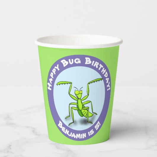 Cute Grappig green praing mantis cartoon jarig Papieren Bekers (Achterkant)
