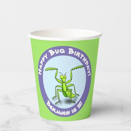 Cute Grappig green praing mantis cartoon jarig Papieren Bekers (Voorkant)