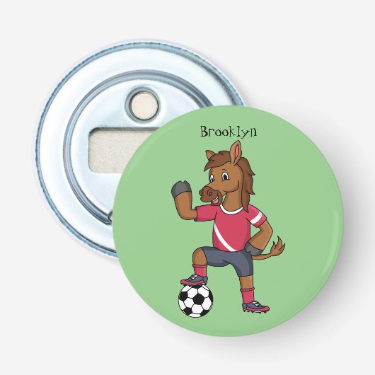 Cute grappige cartoon voor paardenvoetbal button flesopener (Voorkant)