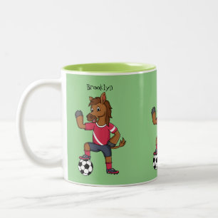 Cute grappige cartoon voor paardenvoetbal tweekleurige koffiemok