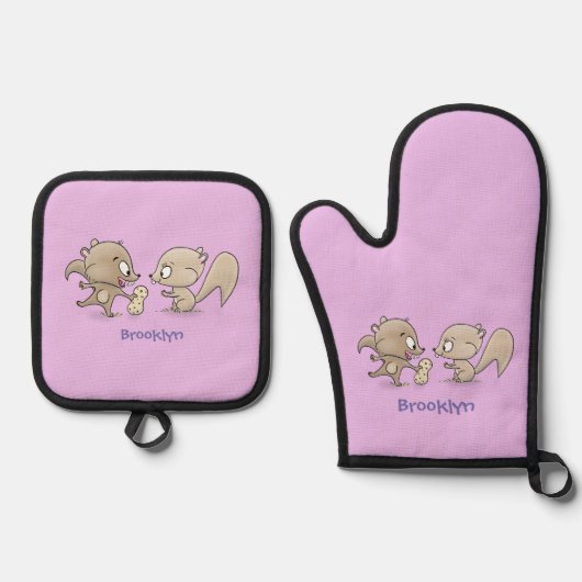 Cute grappige eekhoorns cartoon illustratie ovenwant & pannenlap set (Voorkant)