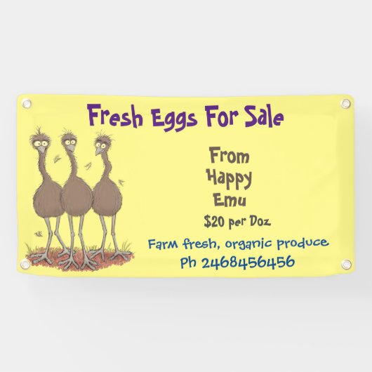 Cute grappige emu-cartoon-eieren voor verkoop spandoek (Horizontaal)
