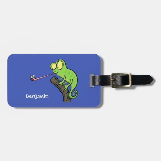 Cute grappige groene chameleon lizard cartoon bagagelabel (Voorkant horizontaal)