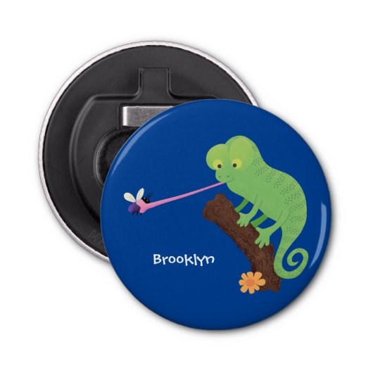 Cute grappige groene chameleon lizard cartoon button flesopener (Voorkant)