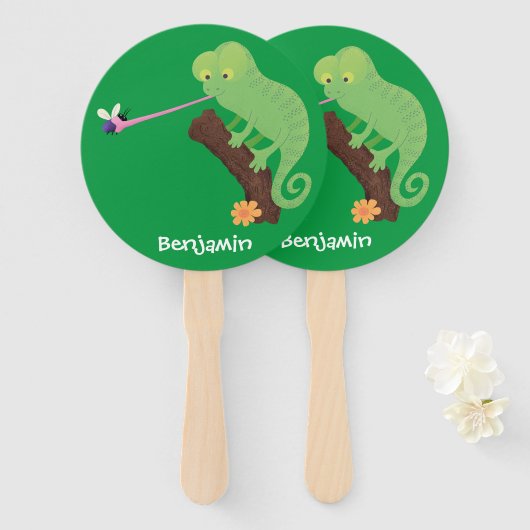 Cute grappige groene chameleon lizard cartoon handwaaier (Voorkant en achterkant)