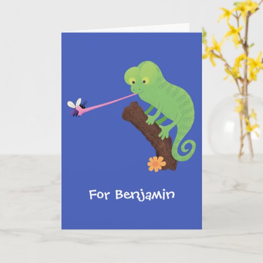 Cute grappige groene chameleon lizard cartoon kaart (Gele Bloem)